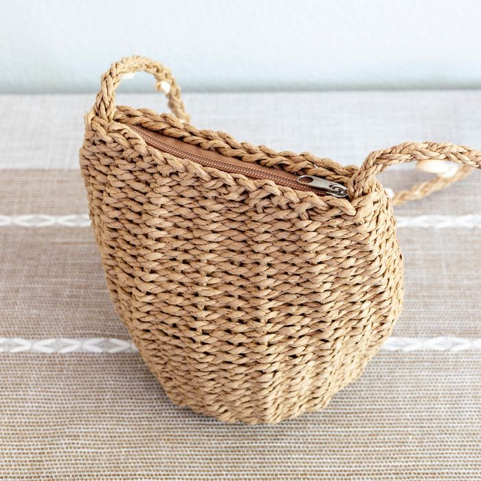 Small Straw Shoulder Bag with Shell-Detail Strap