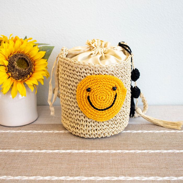 Smiley Face Straw Bucket Crossbody Bag