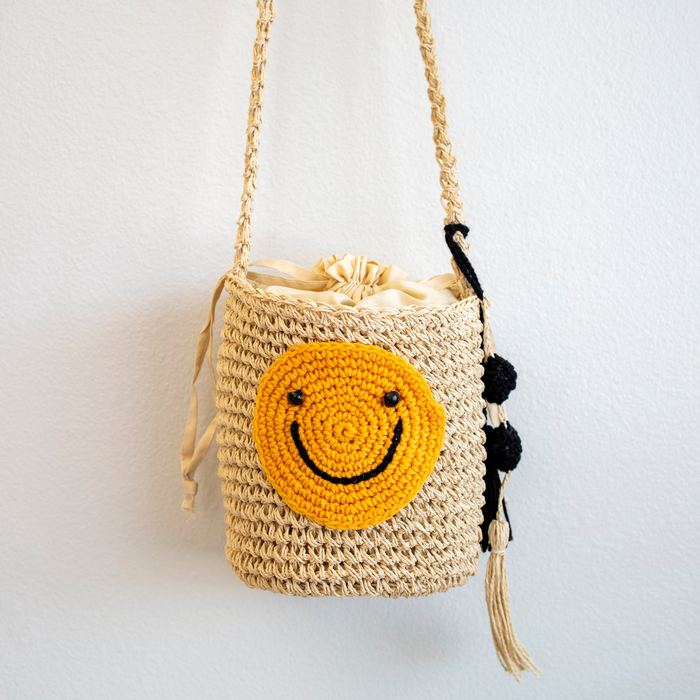 Smiley Face Straw Bucket Crossbody Bag
