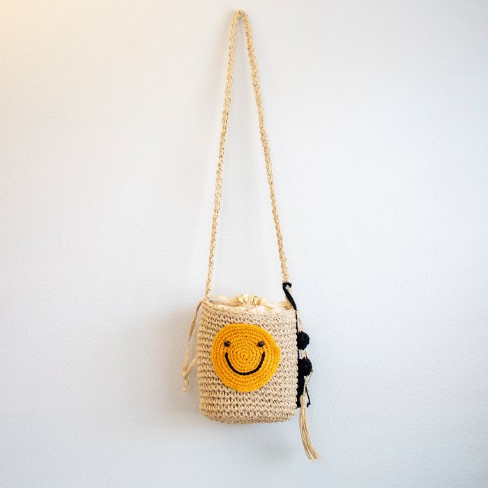 Smiley Face Straw Bucket Crossbody Bag