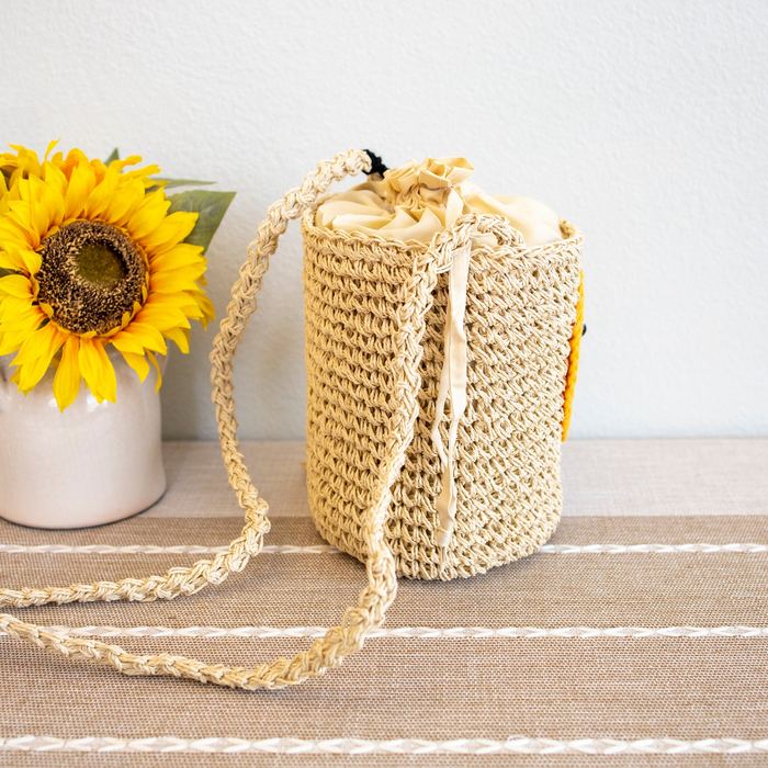Smiley Face Straw Bucket Crossbody Bag