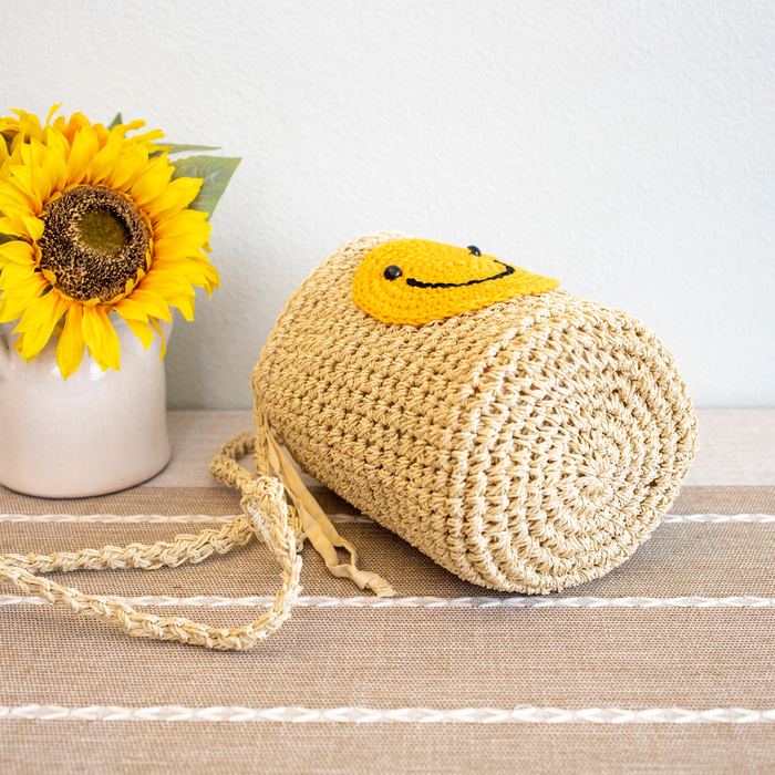 Smiley Face Straw Bucket Crossbody Bag