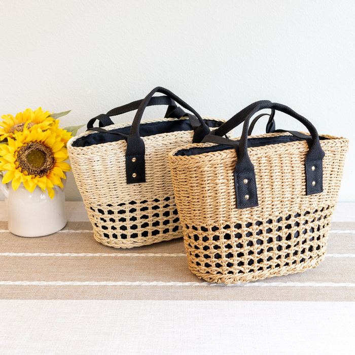 Straw Basket Tote with Openwork Base and Black Handles