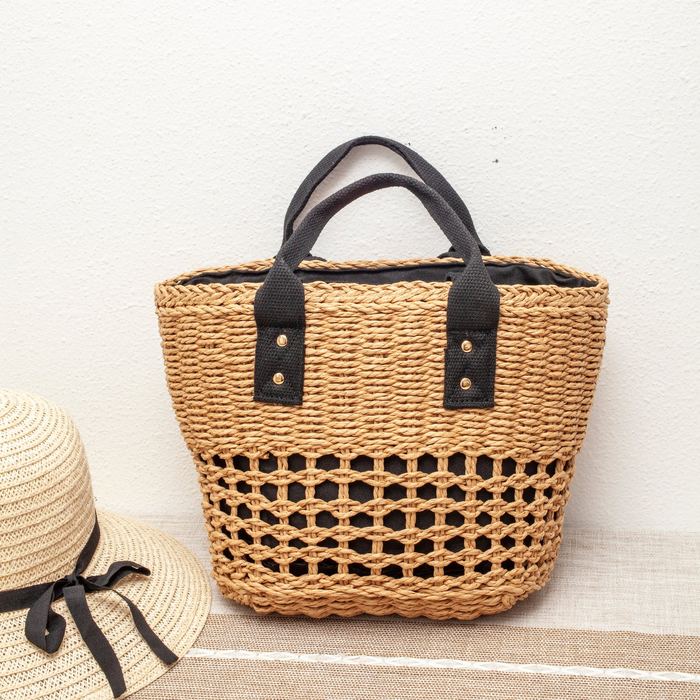 Straw Basket Tote with Openwork Base and Black Handles