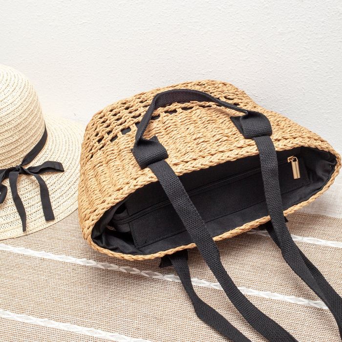 Straw Basket Tote with Openwork Base and Black Handles