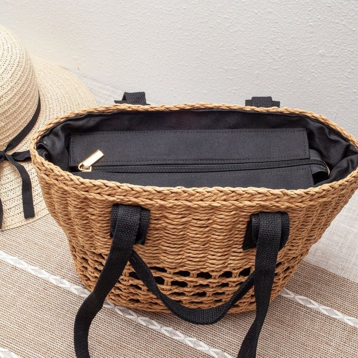 Straw Basket Tote with Openwork Base and Black Handles