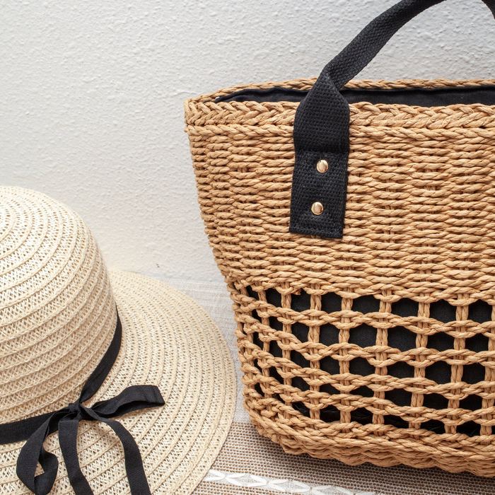 Straw Basket Tote with Openwork Base and Black Handles