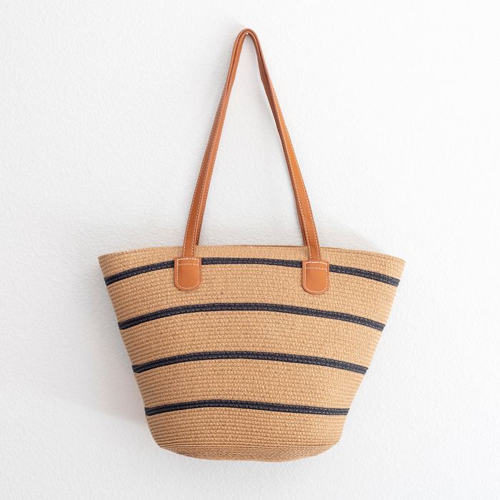Striped Straw Basket Tote with Brown Shoulder Handles