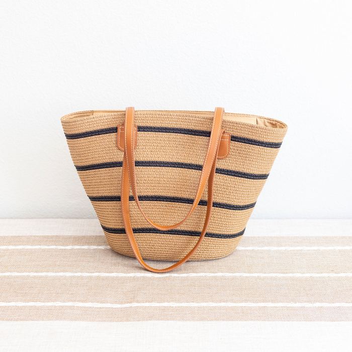 Striped Straw Basket Tote with Brown Shoulder Handles