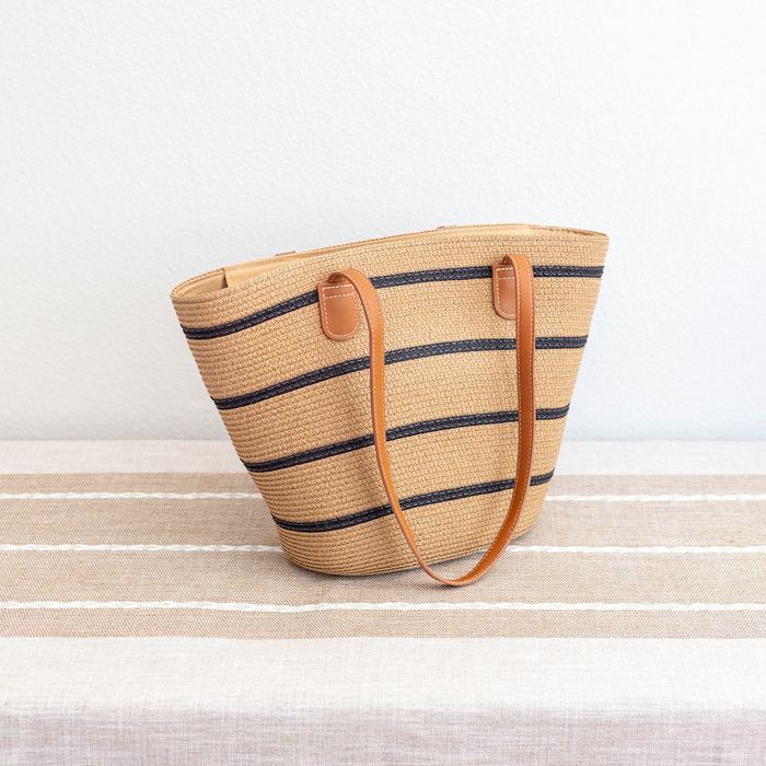 Striped Straw Basket Tote with Brown Shoulder Handles