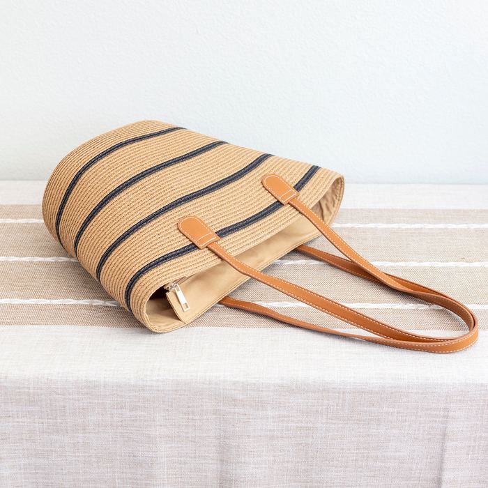 Striped Straw Basket Tote with Brown Shoulder Handles