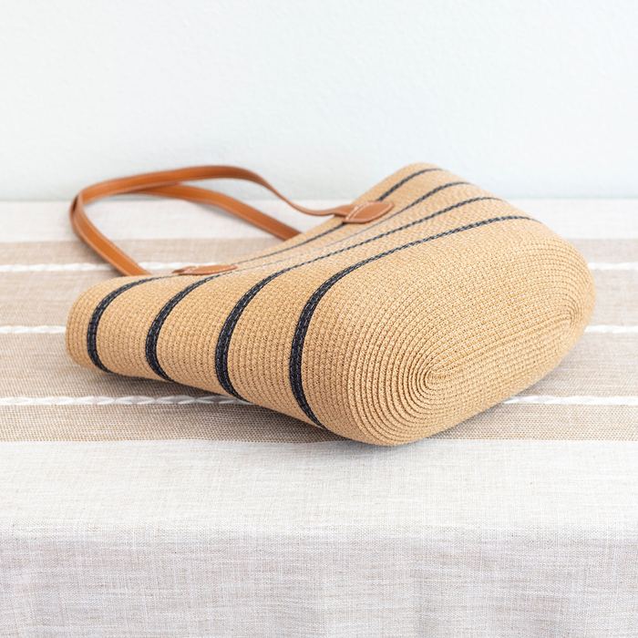 Striped Straw Basket Tote with Brown Shoulder Handles