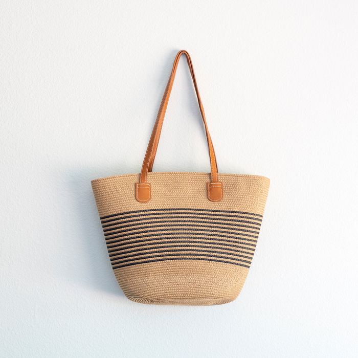 Fine-Stripe Straw Basket Shoulder Tote
