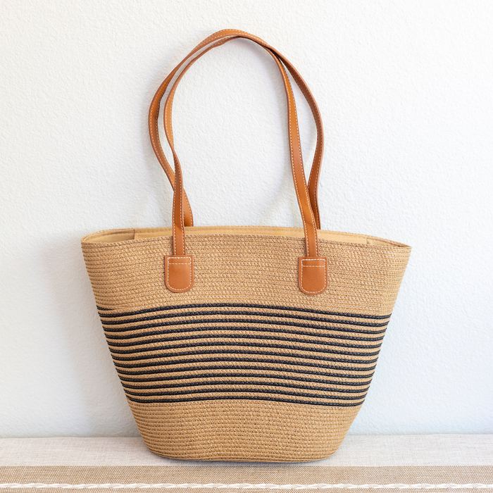 Fine-Stripe Straw Basket Shoulder Tote