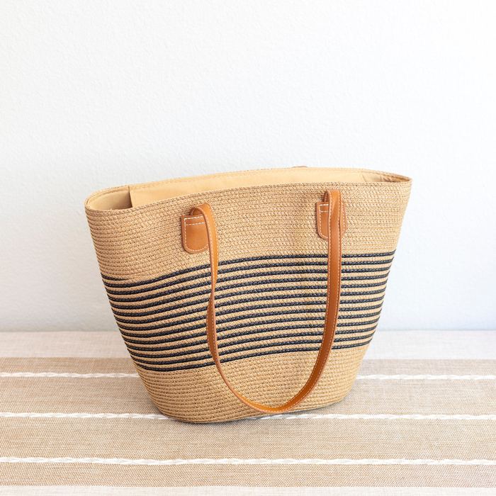 Fine-Stripe Straw Basket Shoulder Tote