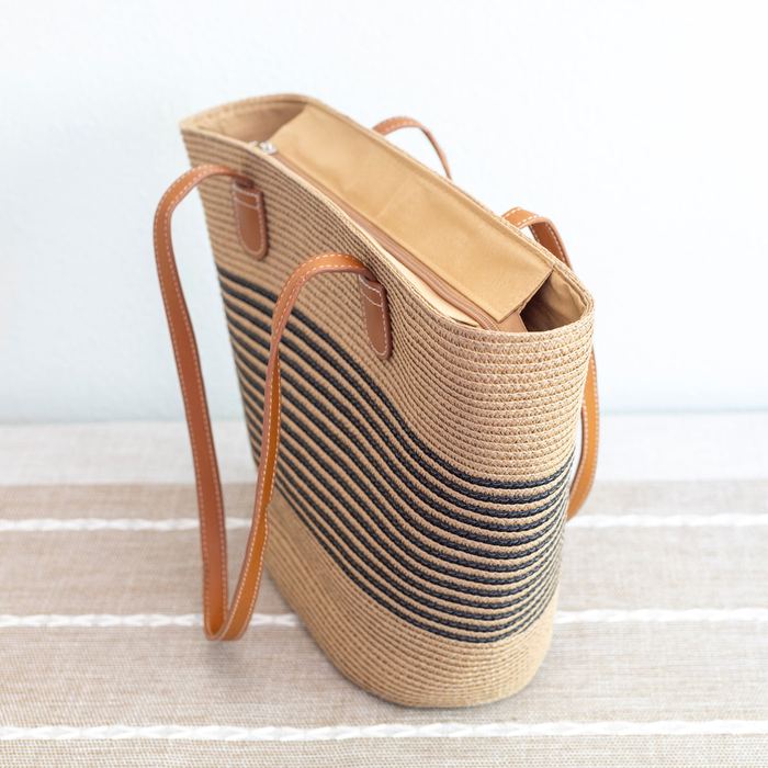 Fine-Stripe Straw Basket Shoulder Tote