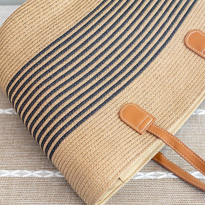 Fine-Stripe Straw Basket Shoulder Tote