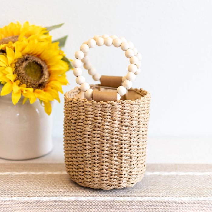Small Straw Bucket Bag with Beaded Top Handles