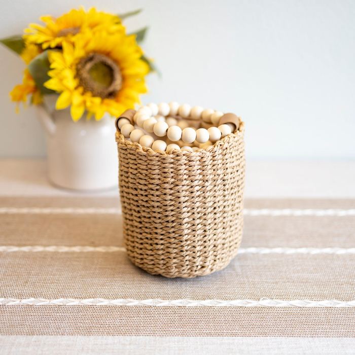 Small Straw Bucket Bag with Beaded Top Handles
