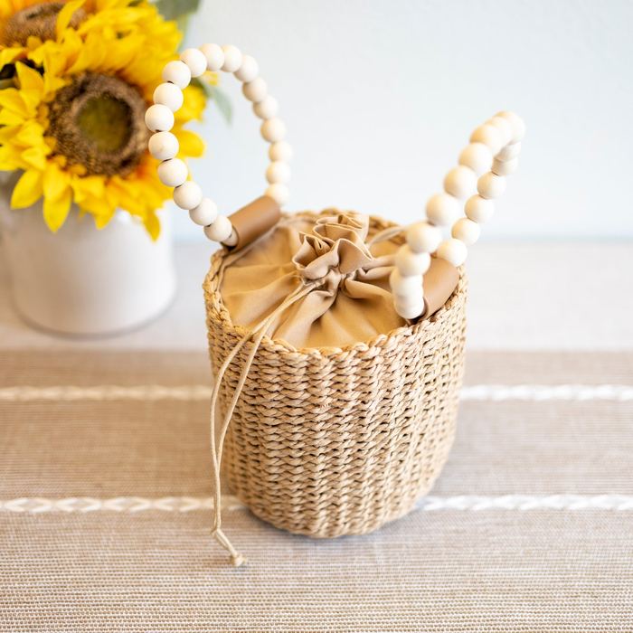 Small Straw Bucket Bag with Beaded Top Handles