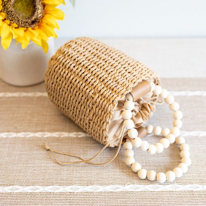 Small Straw Bucket Bag with Beaded Top Handles