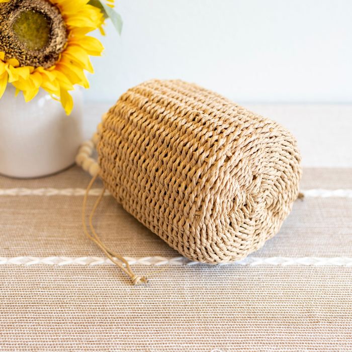 Small Straw Bucket Bag with Beaded Top Handles