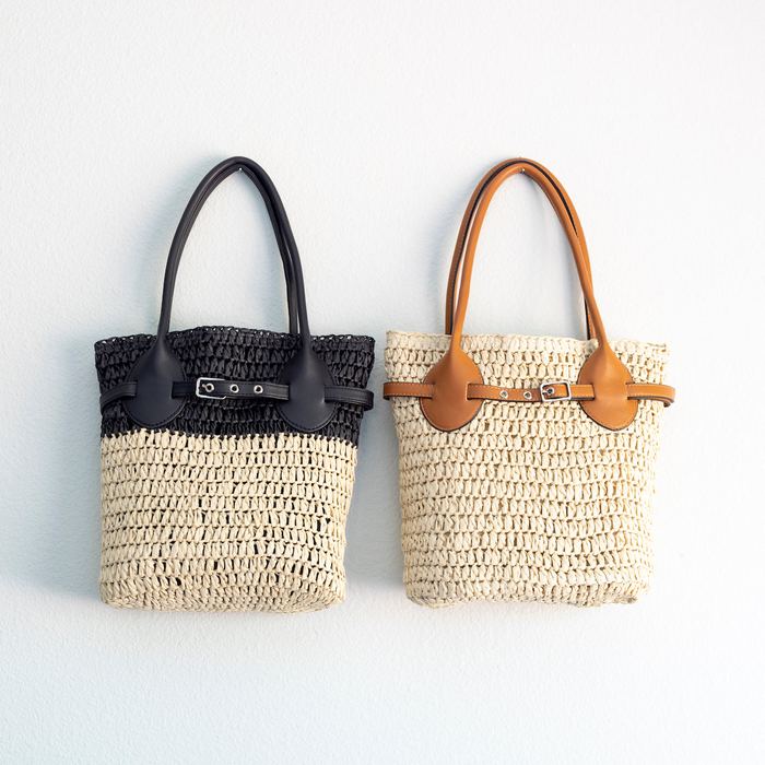 Straw Basket Handbag with Contrast Top Handles