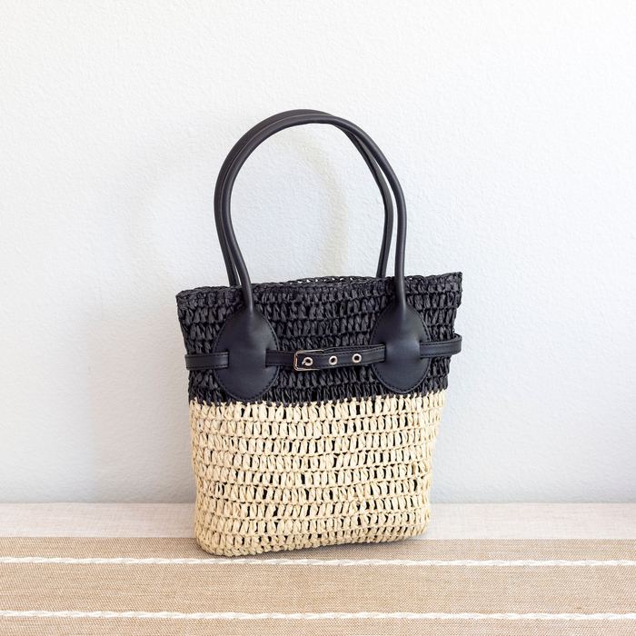 Straw Basket Handbag with Contrast Top Handles