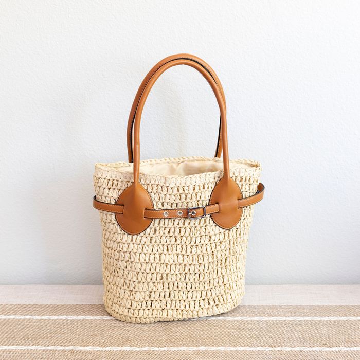 Straw Basket Handbag with Contrast Top Handles