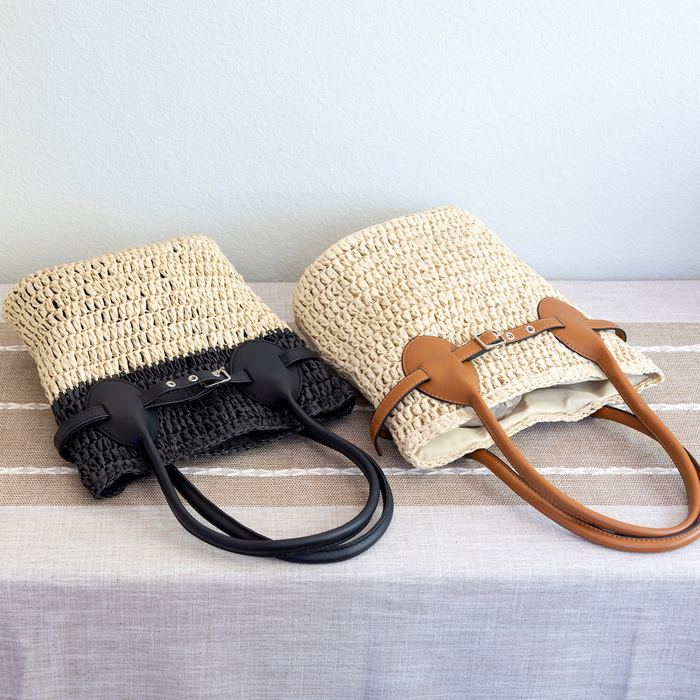Straw Basket Handbag with Contrast Top Handles