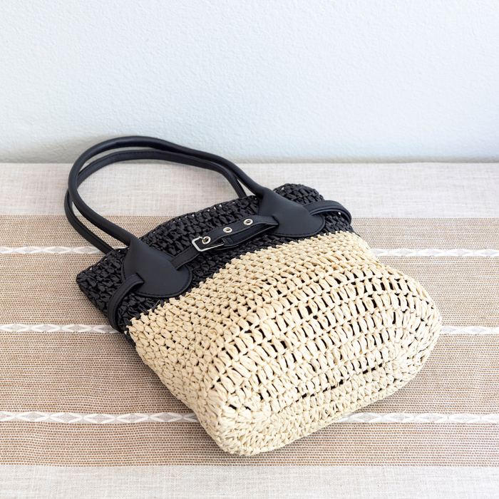 Straw Basket Handbag with Contrast Top Handles