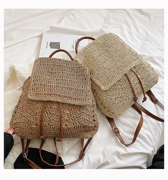 Woven Straw Backpack with Rounded Flap