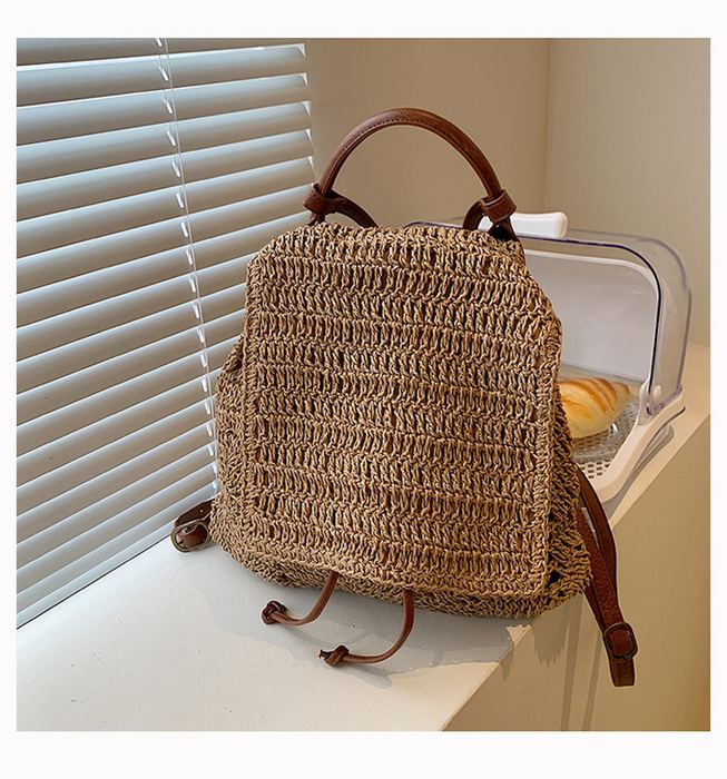 Woven Straw Backpack with Rounded Flap