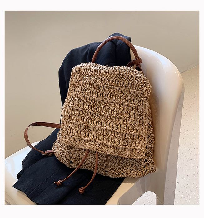 Woven Straw Backpack with Rounded Flap