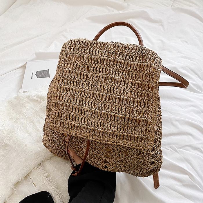 Woven Straw Backpack with Rounded Flap