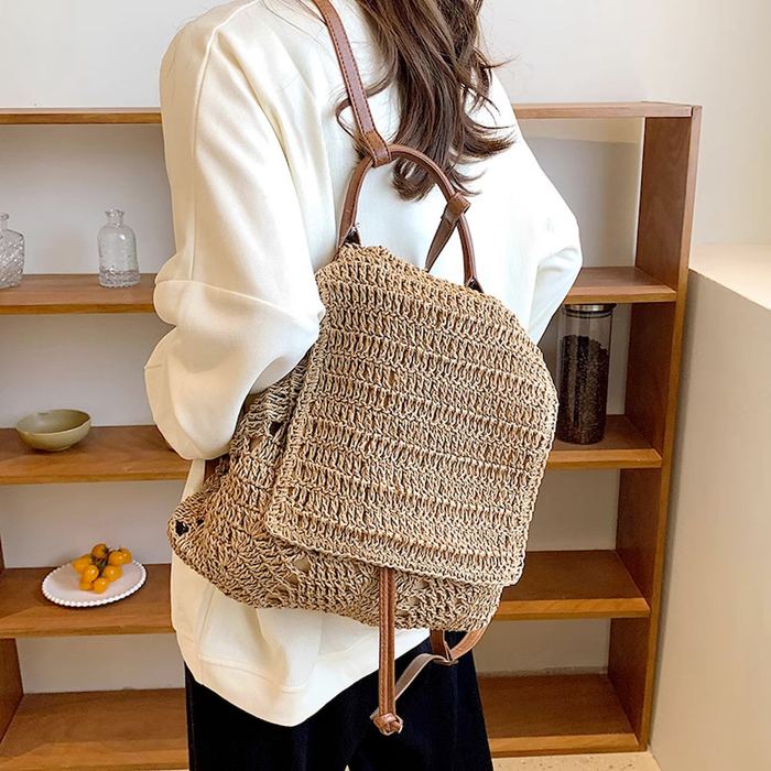 Woven Straw Backpack with Rounded Flap