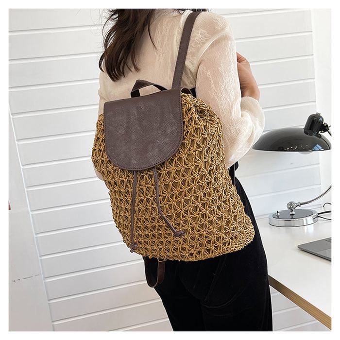 Openwork Straw Backpack with Contrast Flap