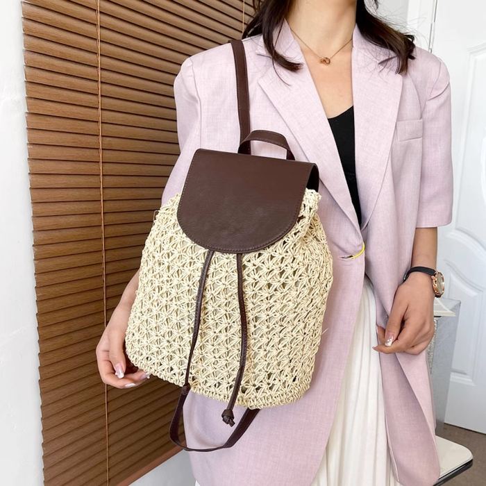 Openwork Straw Backpack with Contrast Flap