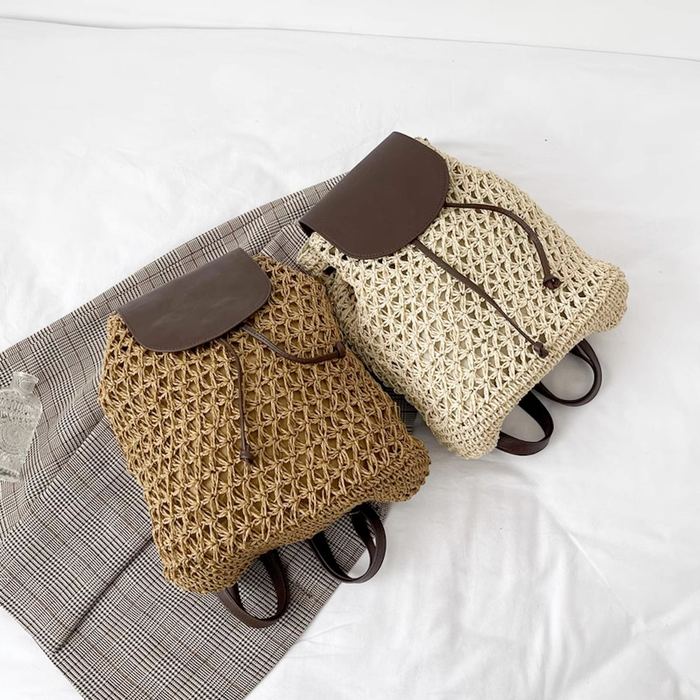 Openwork Straw Backpack with Contrast Flap