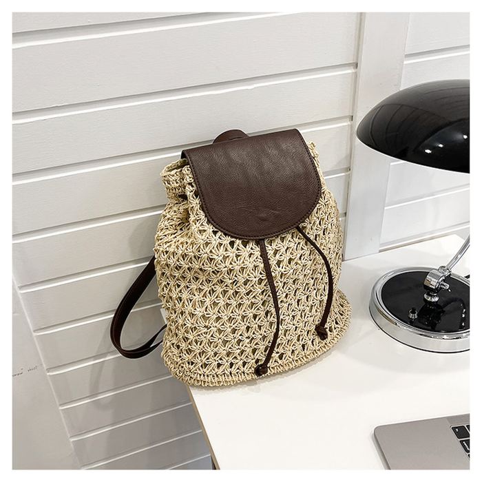 Openwork Straw Backpack with Contrast Flap