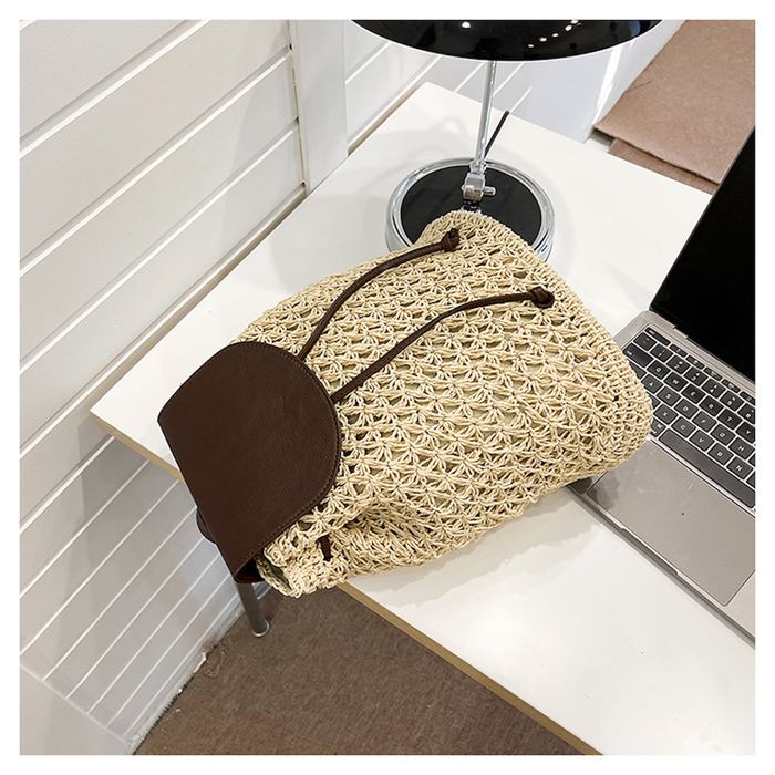 Openwork Straw Backpack with Contrast Flap