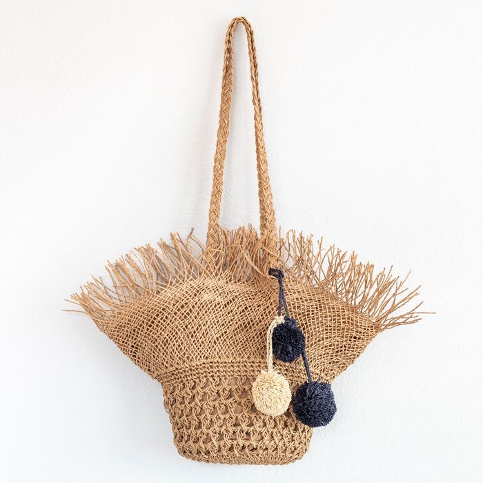 Fringed Straw Basket Tote with Pom-Pom Accents