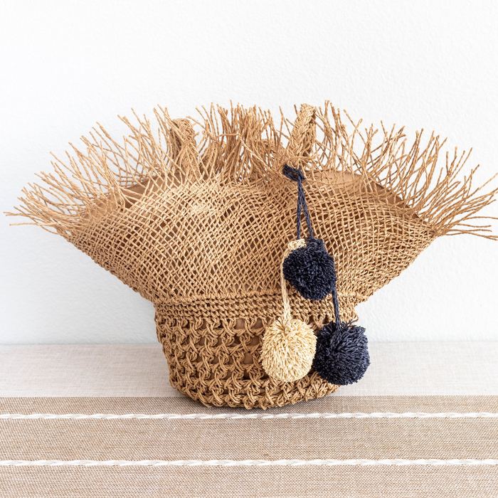 Fringed Straw Basket Tote with Pom-Pom Accents