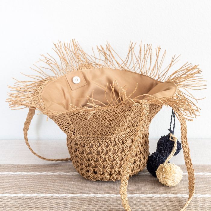 Fringed Straw Basket Tote with Pom-Pom Accents