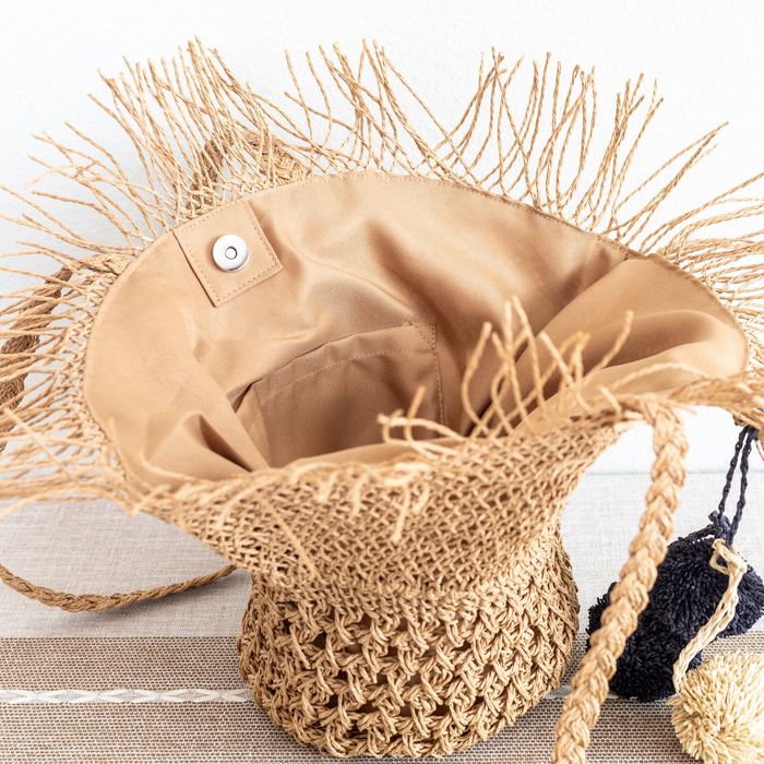 Fringed Straw Basket Tote with Pom-Pom Accents