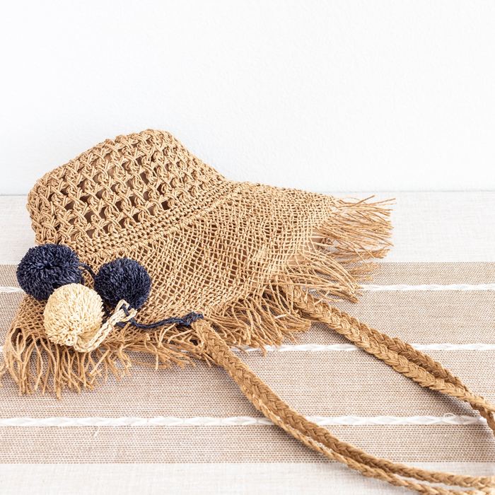 Fringed Straw Basket Tote with Pom-Pom Accents