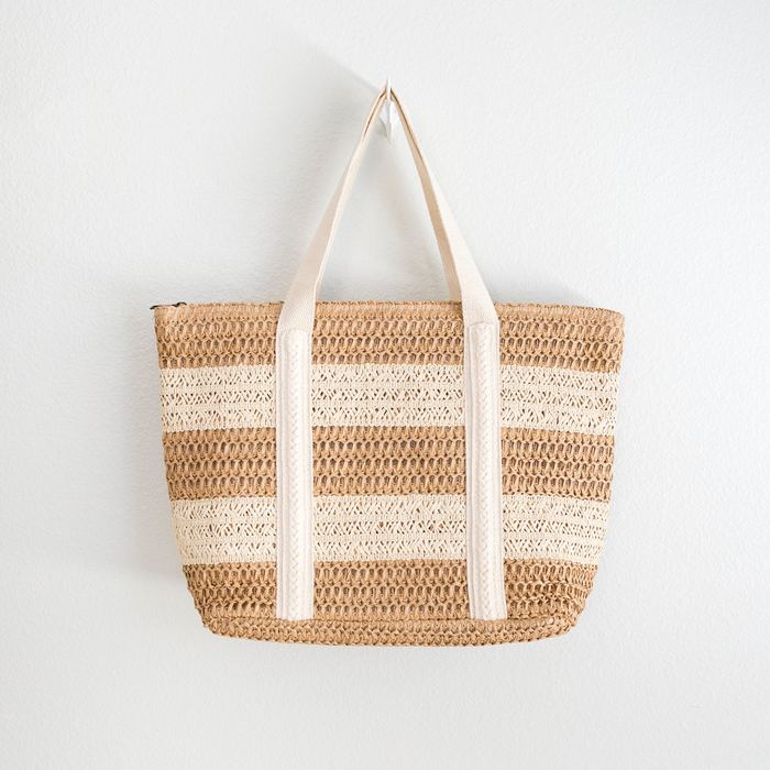 Striped Straw Tote with Cream Shoulder Handles