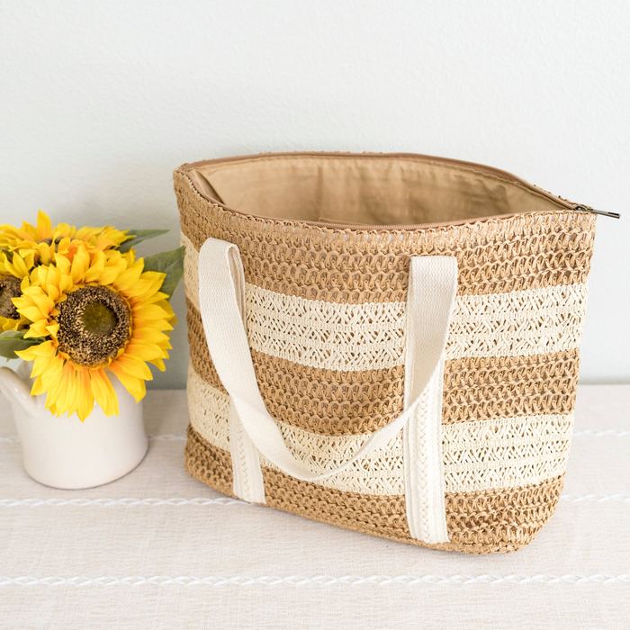 Striped Straw Tote with Cream Shoulder Handles