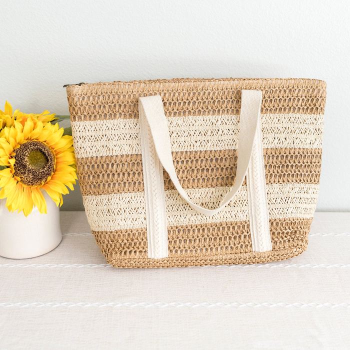 Striped Straw Tote with Cream Shoulder Handles