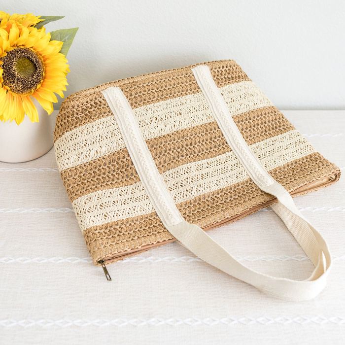 Striped Straw Tote with Cream Shoulder Handles